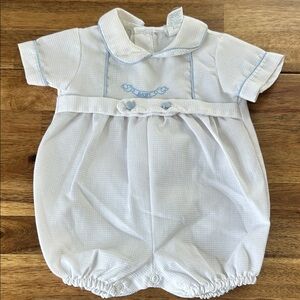 Vintage Baby Boys Romper with Light Blue Trim